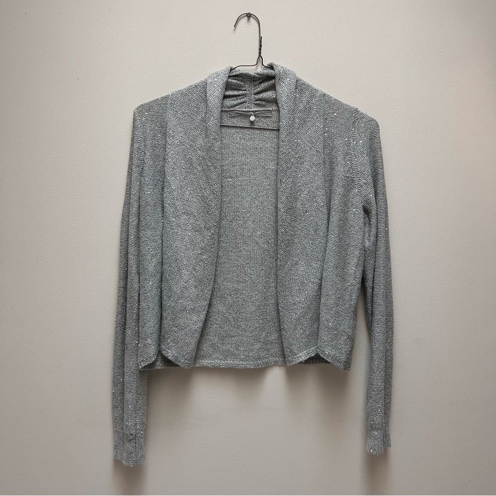 Anthropologie Knitted and Knotted Elegant Gray Sparkle Cardigan Sweater